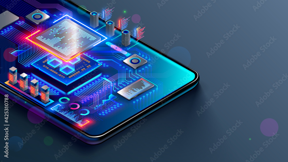 CPU of phone. Microchip, smd electronic components of mobile device on  circuit board or motherboard. Digital Processor, parts of repair  smartphone. Engineering and develop electronic microcontroller.  Stock-Vektorgrafik | Adobe Stock