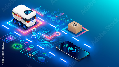 Autonomous robot on wheels delivers purchases home. The automatic drone rover route on city map to buyer. Automated courier delivery service for purchases. Tracking order delivery on mobile phone.