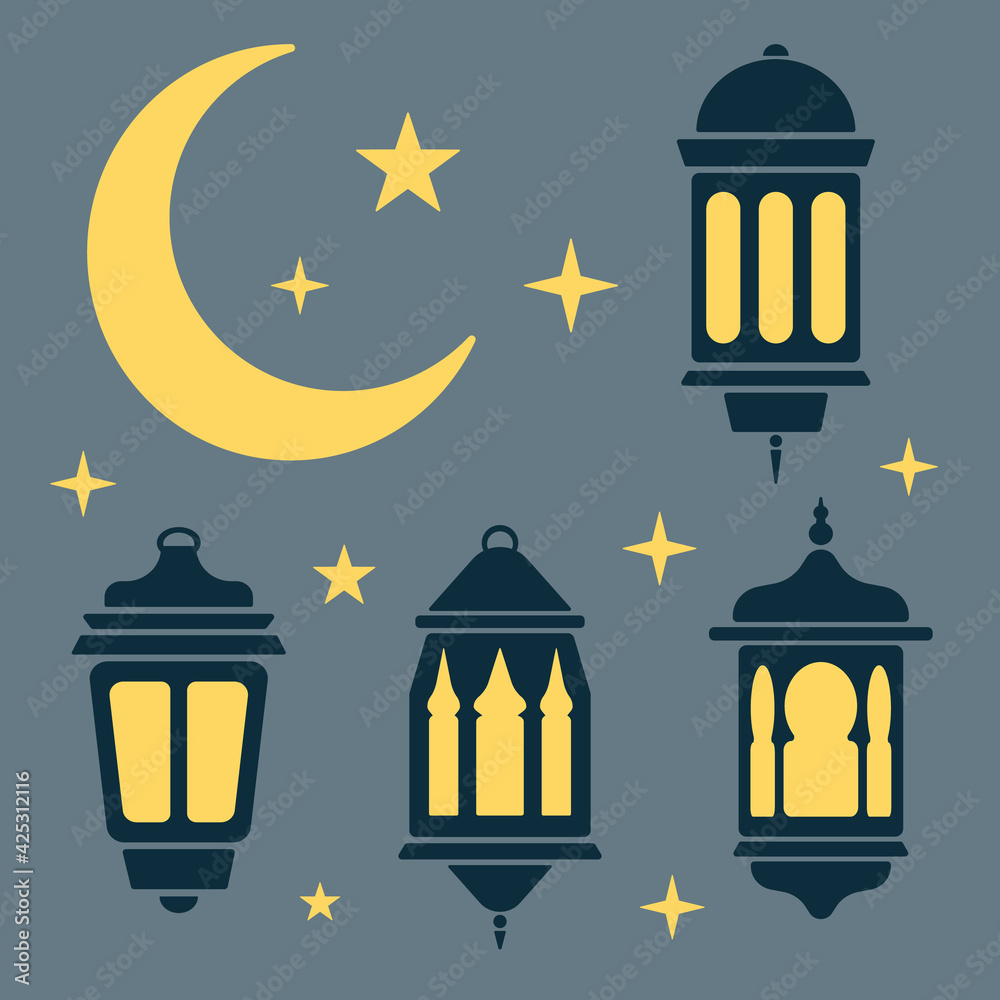 Ramadan lantern, moon and stars in black and white. Ramadan lantern, moon and stars in black and white.