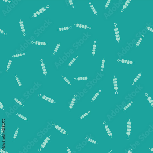 White Grilled shish kebab on skewer stick icon isolated on grey background. Meat kebab on skewer stick. Picnic with grilled meat. Square glass panels. Vector