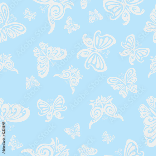 pattern of decorative white butterflies on a blue background, cartoon illustration, vector,