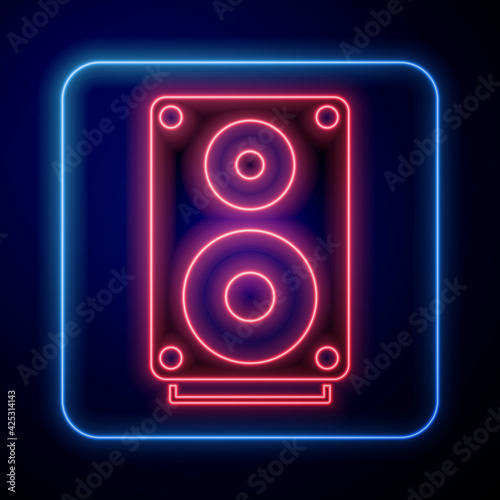 Glowing neon Stereo speaker icon isolated on black background. Sound system speakers. Music icon. Musical column speaker bass equipment. Vector