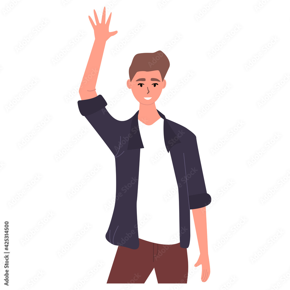 Smiling boy waving her hand, Happy student. Vector isolated on white background. Vector flat cartoon illustration. Smiling boy waving her hand, Happy student. Vector isolated on white background. Vector flat cartoon illustration.