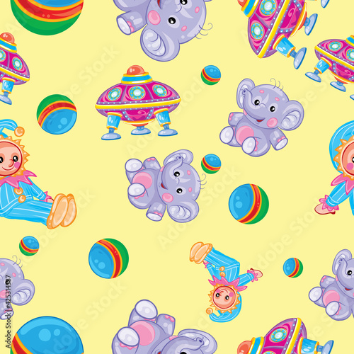 pattern of children's toys clown, elephant, ball on a yellow background, cartoon illustration, vector,