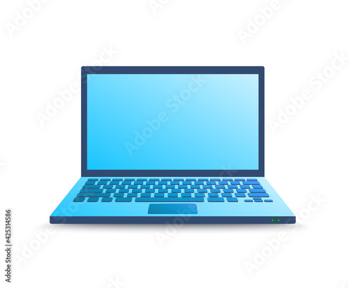 realistic laptop in blue gradient color with shadow and copy space on screen. Color vector illustration of notebook with place for text or image on screen
