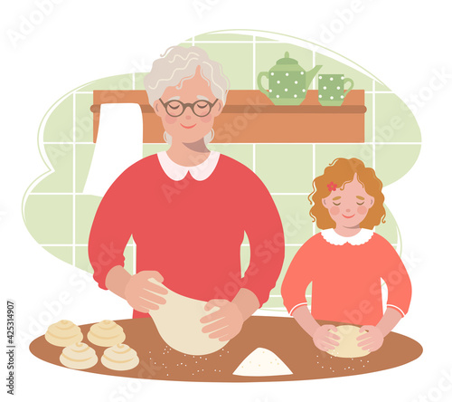 Grandmother teaches her granddaughter to roll out the dough for buns. Illustration of an elderly woman and a little girl cooking in the kitchen.