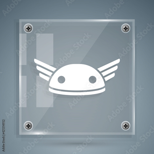 White Helmet with wings icon isolated on grey background. Greek god Hermes. Square glass panels. Vector