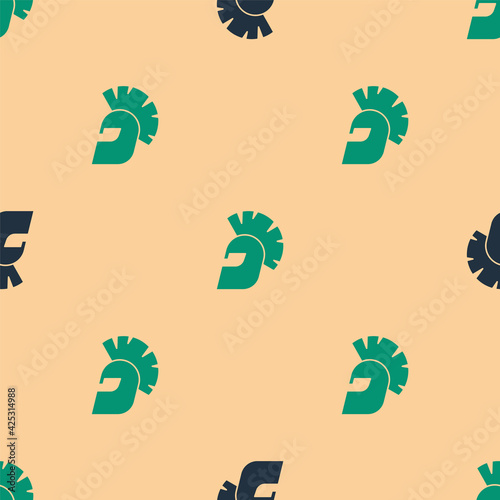 Green and black Greek helmet icon isolated seamless pattern on beige background. Antiques helmet for head protection soldiers with a crest of feathers or horsehair. Vector