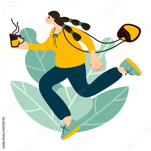 A young cheerful girl is late for work. The woman runs, hurries and drinks coffee on the go. Modern cartoon flat vector graphics.