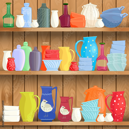 wooden shelves with clean colorful tableware against wood backgr