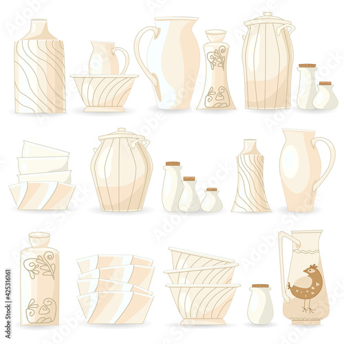 collection of white cute ceramic crockery for your design