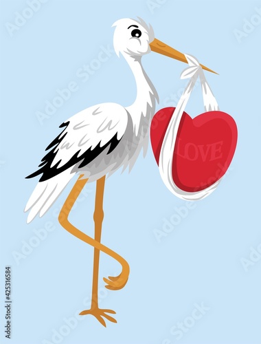 Cartoon vector clipart ot the stork holding heart in its beak. Tall bird delivering love, isolated on blue background