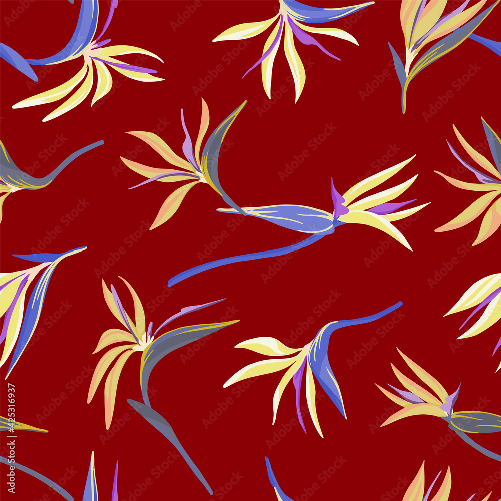 Strelitzia reginae, tropical flowers seamless pattern. Hand drawn vector illustration. Colored exotic plants ornament. Botanical design for fabric, textile, wallpaper, background, print, decor, wrap.