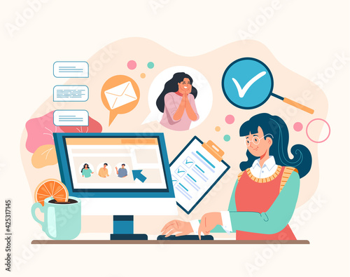 Busines woman office worer boss manager choosing job candidate. Recruitment head hunting human resources concept. Vector flat graphic design illustration
