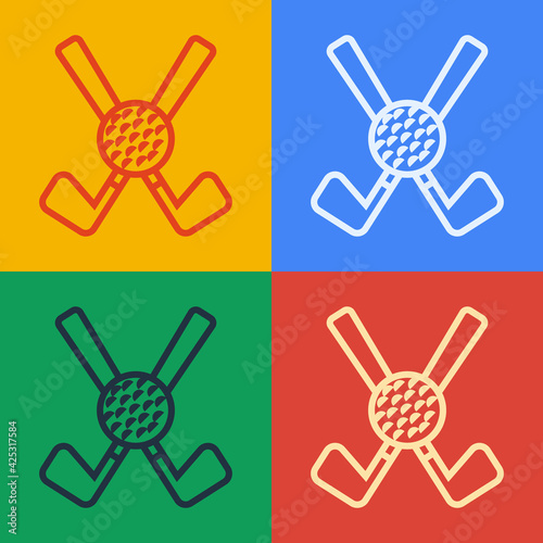 Pop art line Crossed golf club with ball icon isolated on color background. Vector
