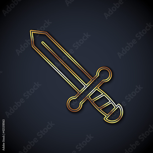 Gold line Medieval sword icon isolated on black background. Medieval weapon. Vector