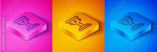 Isometric line Medieval goblet icon isolated on pink and orange, blue background. Square button. Vector