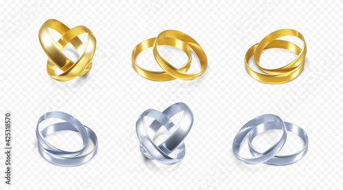 Set of silver and golden wedding rings. Realistic render of platinum and gold rings. Vector