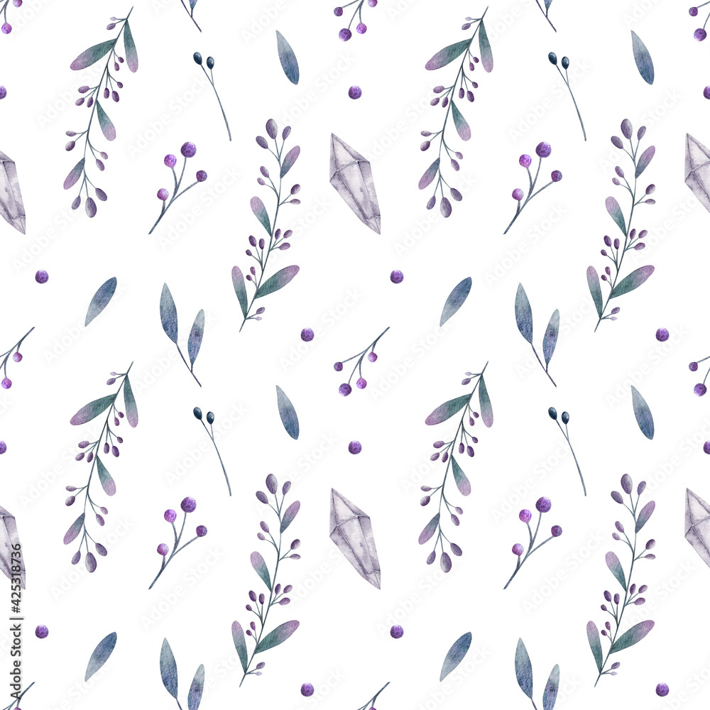 seamless pattern with crystal and floral elements