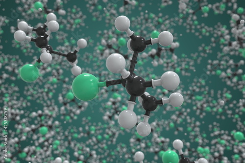 2-chloro-2-methylpropane molecule, ball-and-stick molecular conceptual model. Scientific 3d rendering photo