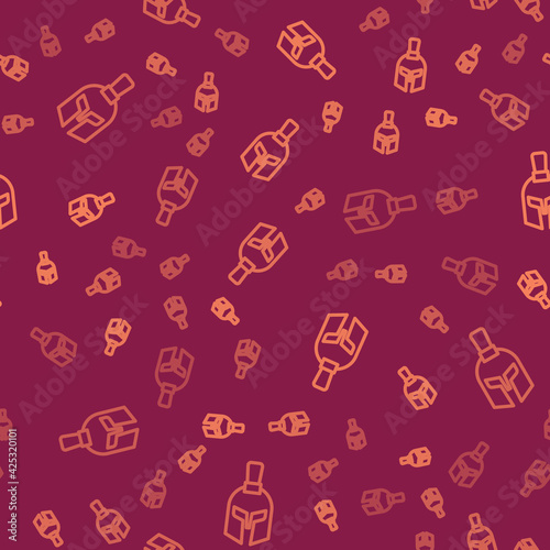 Brown line Greek helmet icon isolated seamless pattern on red background. Antiques helmet for head protection soldiers with a crest of feathers or horsehair. Vector