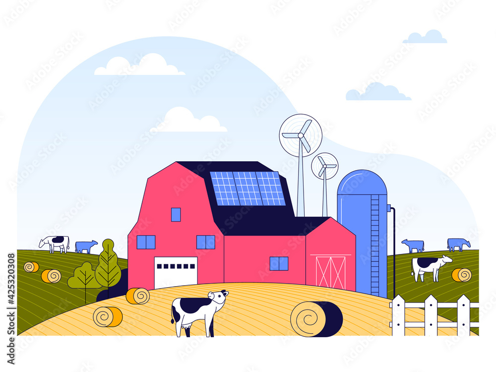Smart farming concept. Modern farm with wind turbines, solar panels