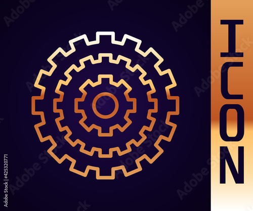 Gold line Bicycle cassette mountain bike icon isolated on black background. Rear Bicycle Sprocket. Chainring crankset with chain. Vector