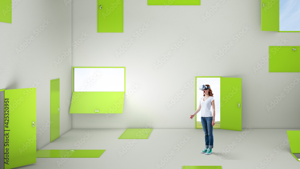 Fototapeta premium Woman wearing virtual reality goggles