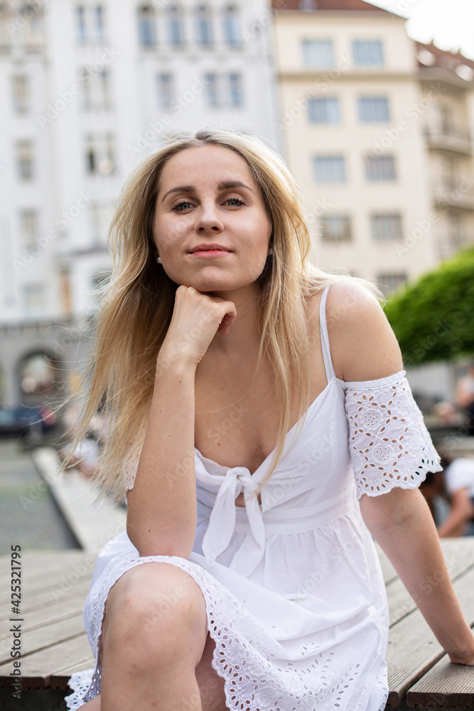 White young girl in city