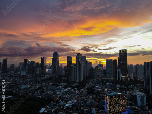 aerial view of Sunset in the skyscrapers of Jakarta. Jakarta, Indonesia, April 4, 2021 © syahrir