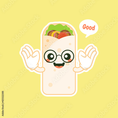 cute and kawaii shawarma kebab cartoon comic character with smiling face tasty wrapped fastfood. emoji kawaii. can be used in restaurant menu,Healthy food. Culinary ingredient.