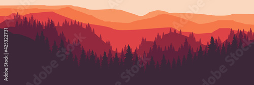 simple minimalist flat design mountain forest for web banner, blog banner, wallpaper, background template, adventure design, tourism poster design, backdrop design