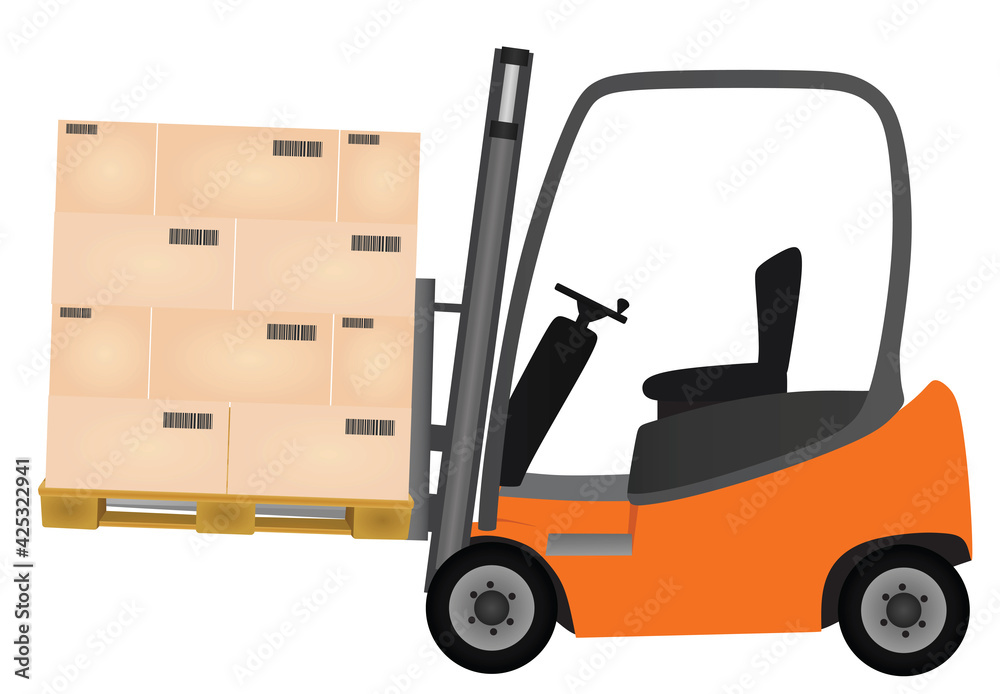 Orange forklift with boxes pallet. vector illustration 