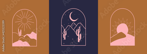 Vector set of linear boho icons and symbols - sun, moon, stars logo design templates - abstract design elements for decoration in modern minimalist style for social media posts