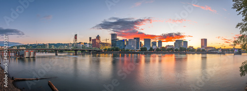 Portland, Oregon, USA skyline at dusk on the Willamette River.