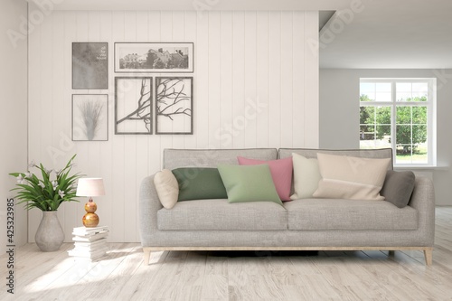 White living room with sofa. Scandinavian interior design. 3D illustration