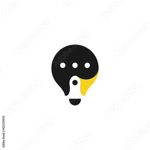 creative chat logo - brain shaped bubble speech with negative space rocket form a bulb black and yellow