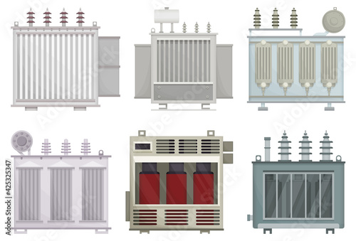Transformer electric vector installation on white background . Isolated cartoon set icon energy substation. Vector cartoon set icon of electric transformer.