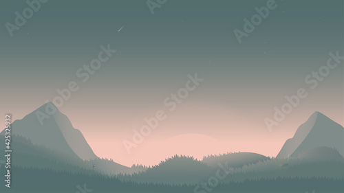 Fototapeta Naklejka Na Ścianę i Meble -  Mountain and forest illustration Background, Vector, Bright and calm, Wallpaper, Chill, Simple 