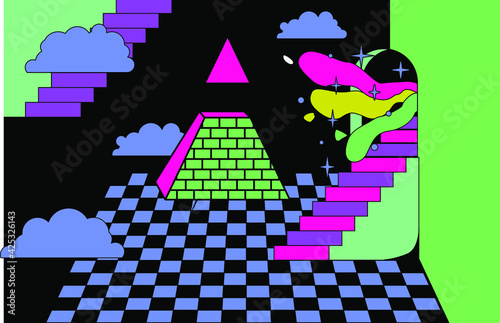 vSurreal vaporwave room interior with a checkerboard floor and stairs. Trendy pop art psychedelic style illustration.