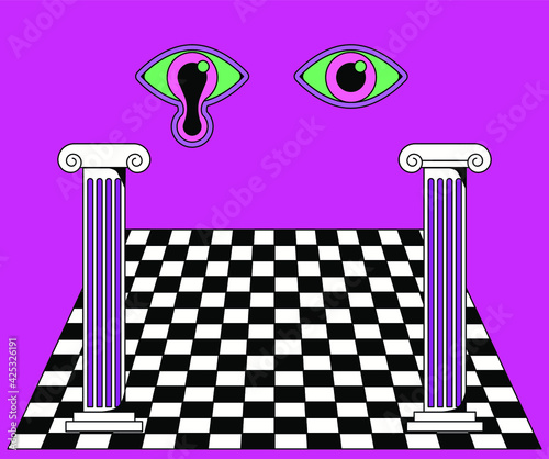 Surrealistic landscape with Roman columns and checkered floor