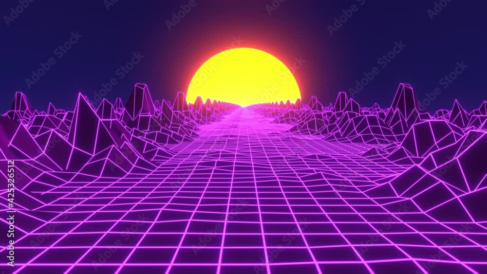 80s Retro Style CGI Animation. Purple Grid Neon Landscape With a Yellow Sunset. Seamless Loop.