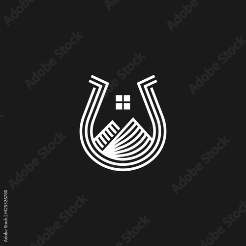 Outlined horseshoe with abstract mountain and window. editable doodle style logo design vector