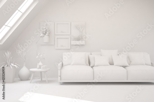 White minimalist living room with sofa. Scandinavian interior design. 3D illustration