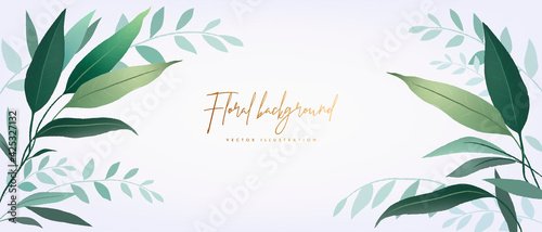 Banner design template. Vector illustration of beautiful green leaves. Floral background for poster, cover, booklets, wedding invitation, greeting card