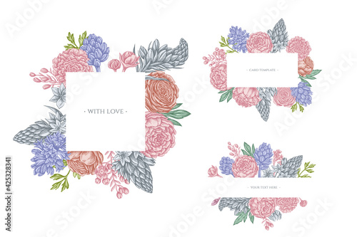 Floral frames with pastel peony, carnation, ranunculus, wax flower, ornithogalum, hyacinth