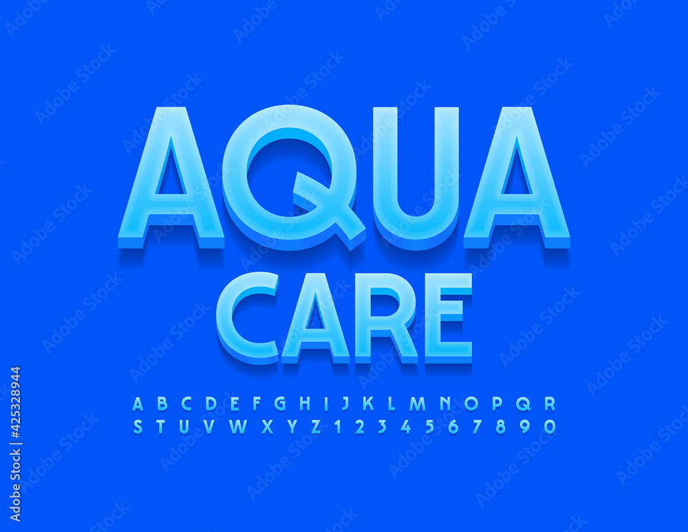 Vector blue Sign Aqua Care. Modern 3D Font. Creative Alphabet Letters and Numbers set