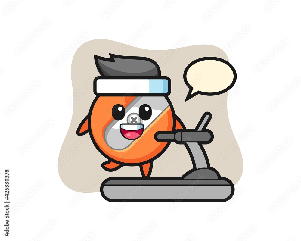 pencil sharpener cartoon character walking on the treadmill