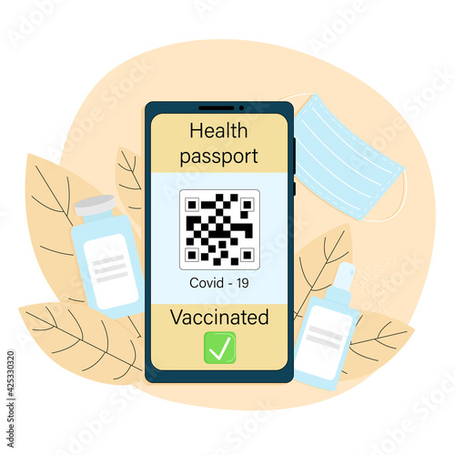 Electronic vaccination passport. Medical mask, vaccine vial, antiseptic, telephone. Vector illustration
