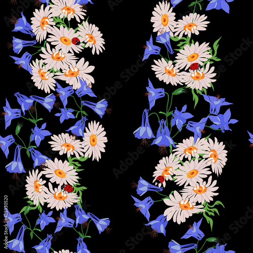 Seamless vector illustration with chamomile, aquilegia and ladybird on a black background. © Nadezhda